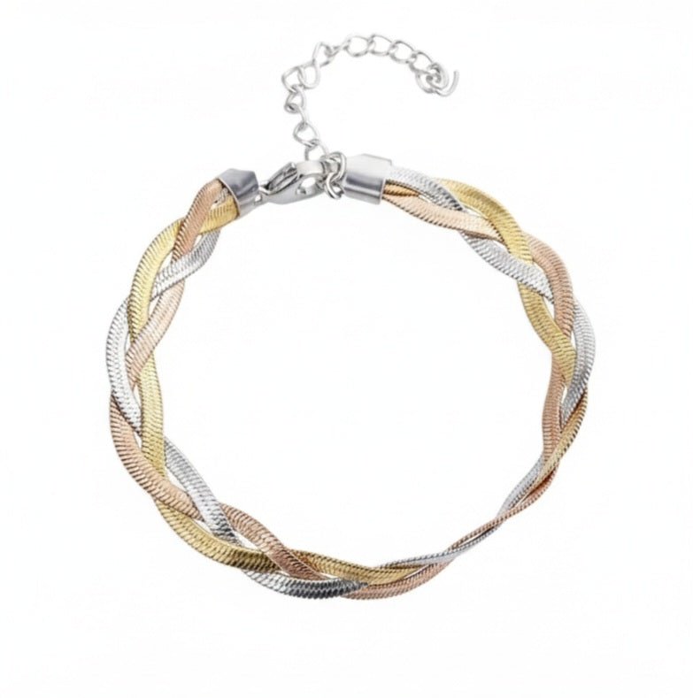 Pulsera trenzada, en tres colores de acero inoxidable, para mujer.