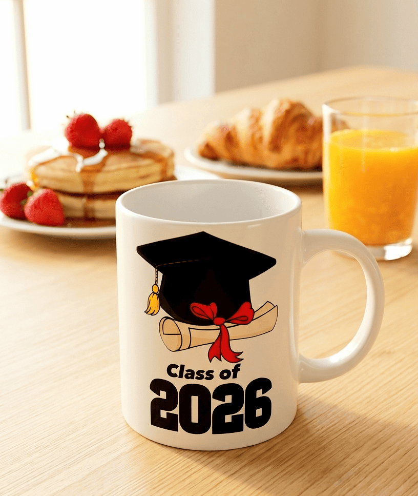 Primer plano de una taza de ceramica blanca con diseño de temática de graduación con un birrete y un diploma, en la parte inferior puede leerse "Class of 2026"  de fondo hay un desayuno con tortitas, zumo de naranja y un croasant sobre una superficie de madera clara.