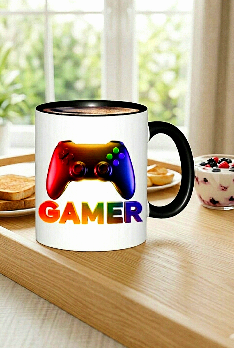 Taza de ceramica con asa negra con diseño de mando de videojuego en degradado de colores y la palabra Gamer sbre fondo de mesa de madera .