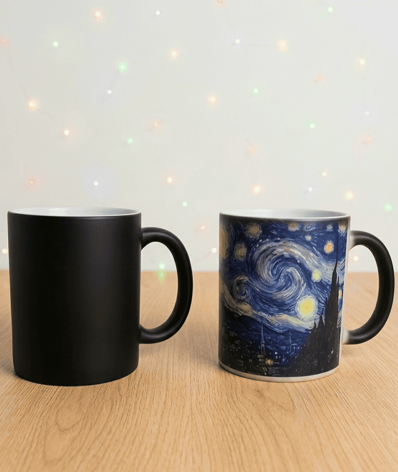 Primer plano de dos tazas termosensibles de ceramica una es de color negro y a su lado puede verse otra taza con liquido caliente en su interior donde aparece el diseño del cuadro "La Noche Estrellada", sobre una superficie de madera clara con pared gris con puntos de luces de colores. 