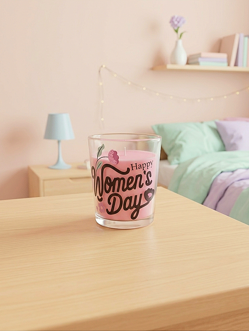 Vela de color rosa con la frase en inglés "Happy women's day" sobre superficie de madera clara con un fondo de dormitorio en colores pastel. 
