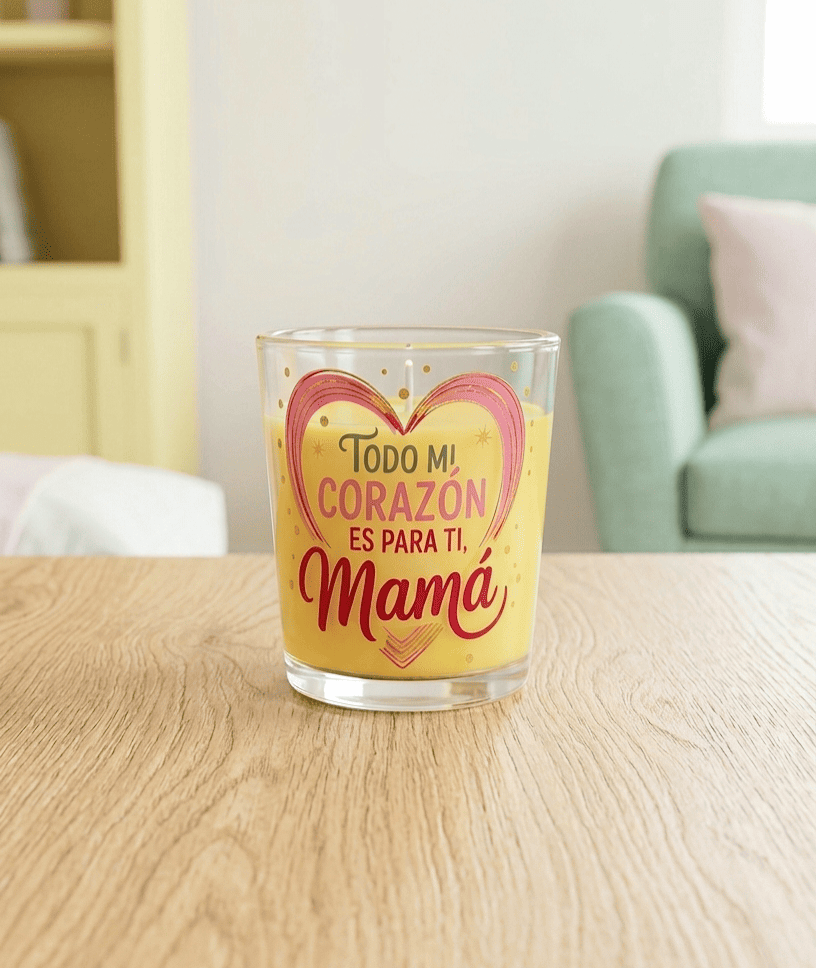 Vela decorativa amarilla pastel  con el mensaje "Todo mi corazón es para ti Mamá" sobre una superficie de madera clara y un fondo de salón con tonos claros y pastel.