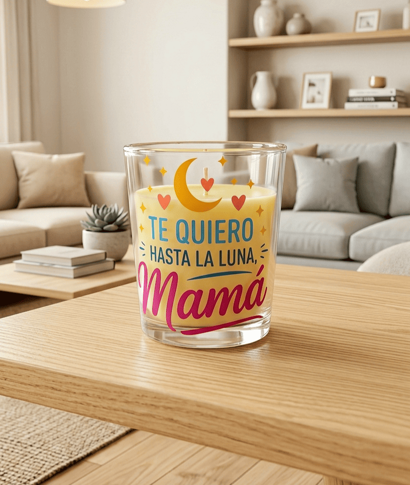 Primer plano de una vela decorativa con diseño colorido y el mensaje "Te quiero hasta la luna Mamá" sobre una mesa de madera clara y un fondo en tonos claros.