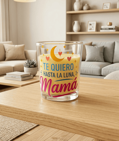 Primer plano de una vela decorativa con diseño colorido y el mensaje "Te quiero hasta la luna Mamá" sobre una mesa de madera clara y un fondo en tonos claros.